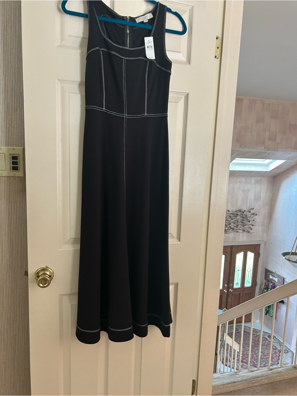 LOFT Black Midi Dress with White Contrast Stitching